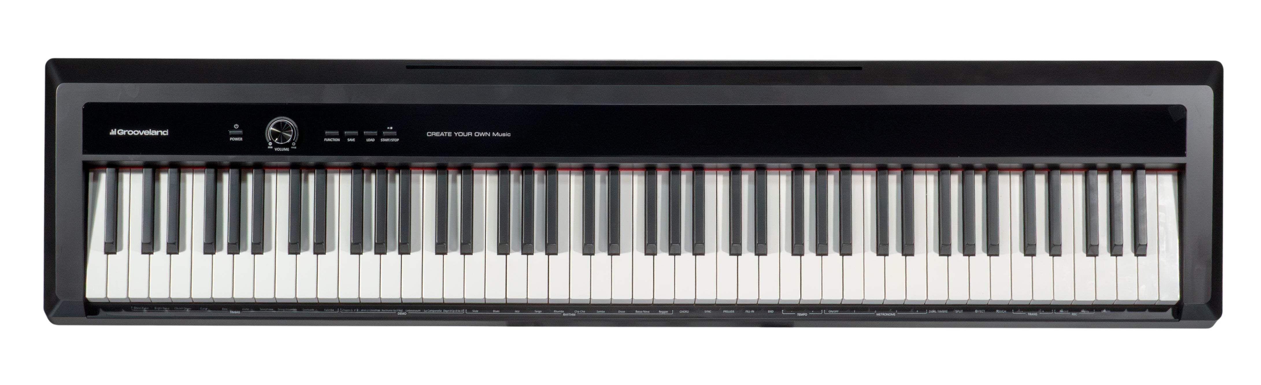 Ein schwarzes digitales Stage-Piano mit 88 Tasten, Bedienelementen und dem Grooveland-Logo auf weißem Hintergrund.
