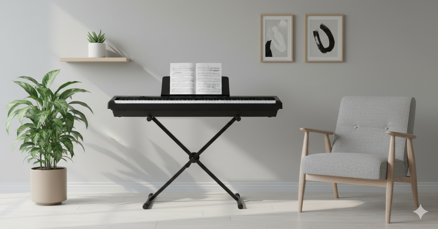 Ein schwarzes Keyboard auf einem Ständer mit Notenblatt steht in einem hellen Raum neben einem Sessel und Pflanzen.
