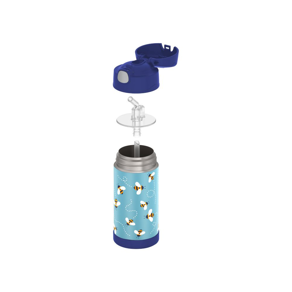 Explosionsdarstellung einer hellblauen Kinder-Trinkflasche mit Bienenmuster, offenem Deckel und Strohhalm.