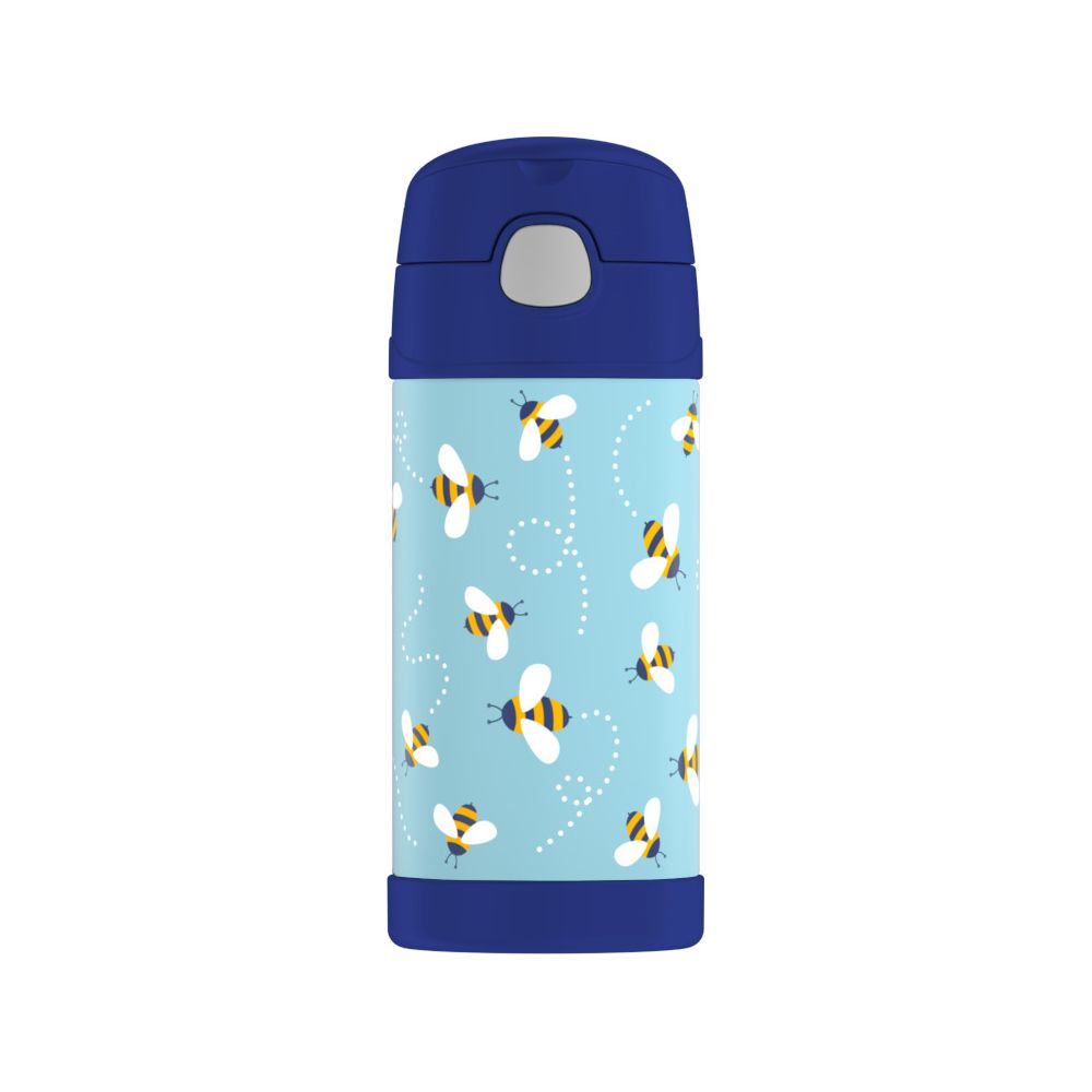 Blaue Trinkflasche mit niedlichem Bienenmuster auf hellblauem Grund und dunklem Deckel.
