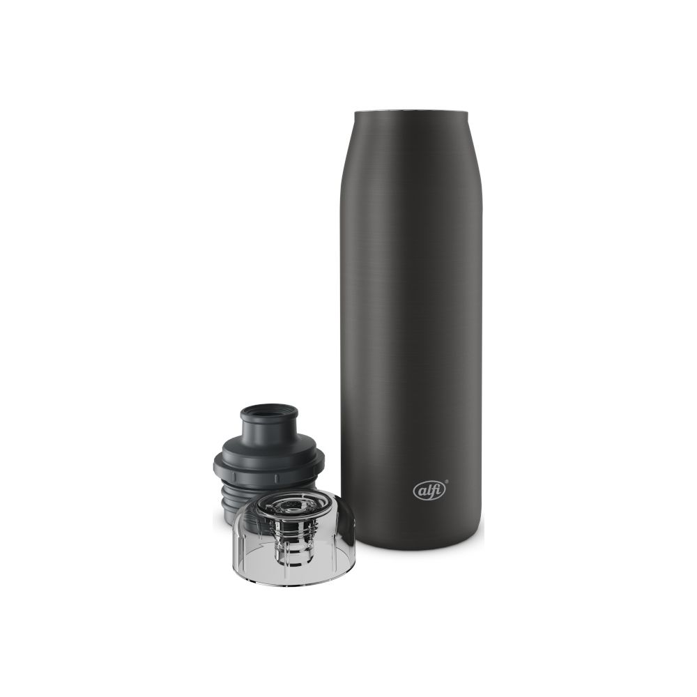 Schwarze Alfi-Trinkflasche mit offenem Verschluss auf weißem Hintergrund.