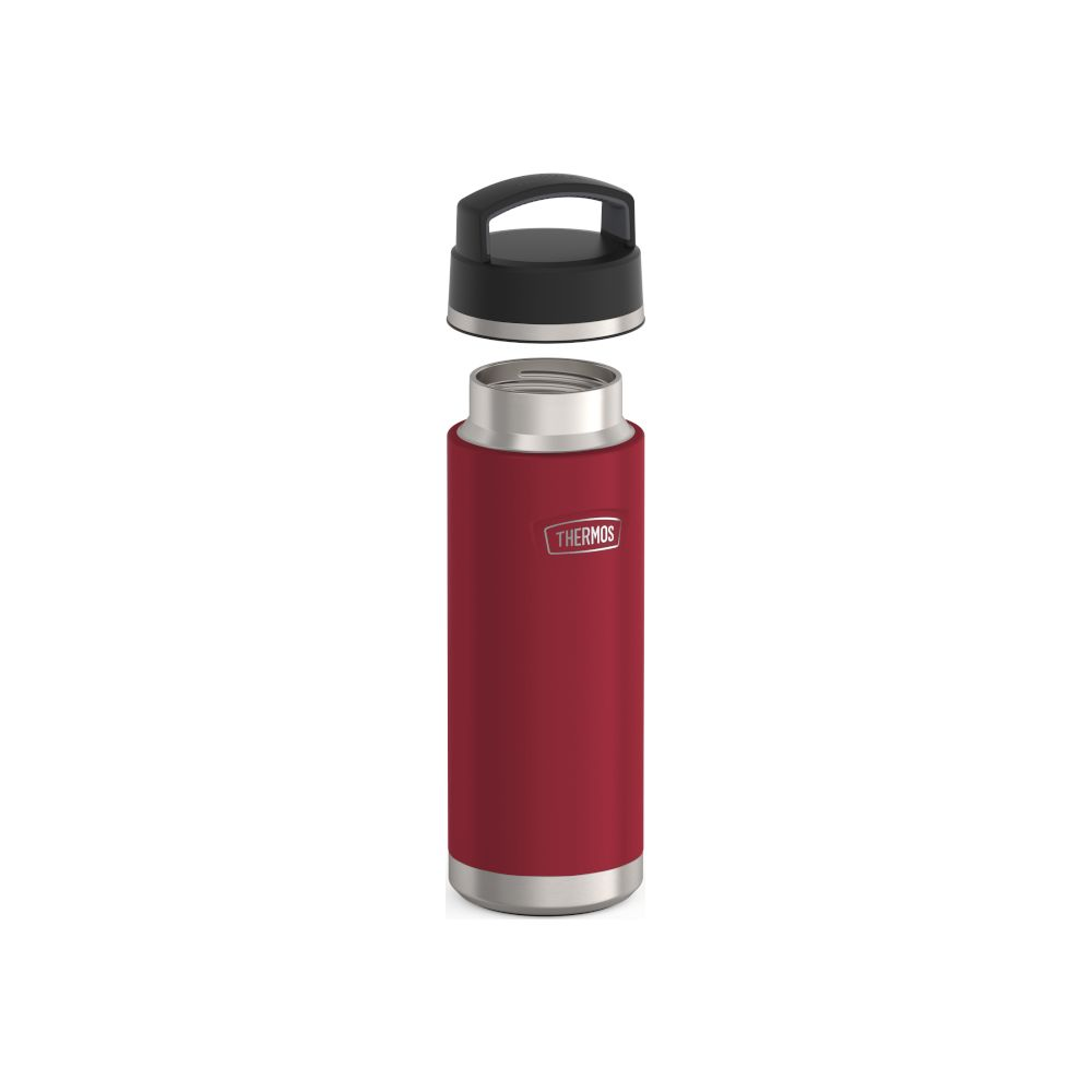 Rote Thermosflasche mit abnehmbarem schwarzem Deckel vor weißem Hintergrund.