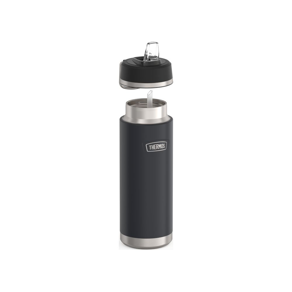 Eine dunkelgraue Thermosflasche mit abnehmbarem schwarzem Deckel, einem integrierten Strohhalm und Thermos-Logo.