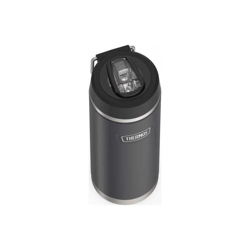 Dunkelgraue Thermosflasche mit schwarzem Deckel und Metallakzenten.
