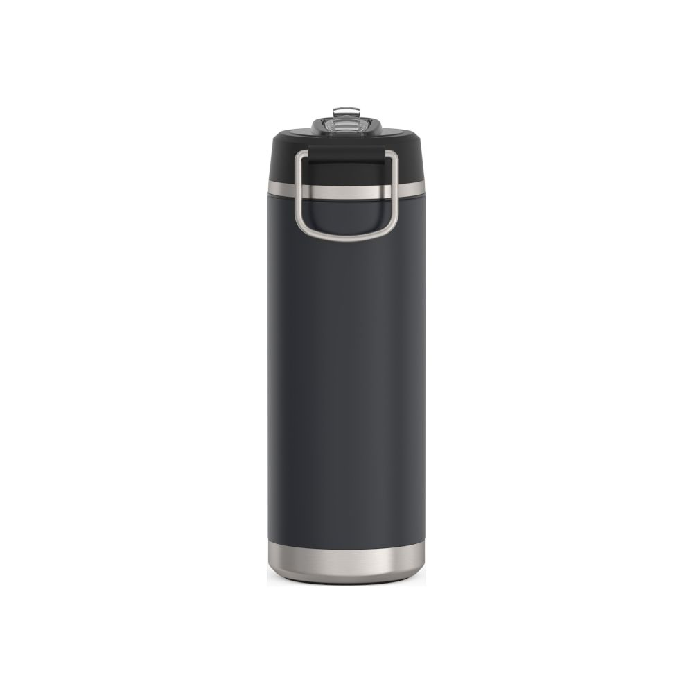 Dunkelgraue Thermosflasche mit silbernem Griff und Boden auf weißem Hintergrund.