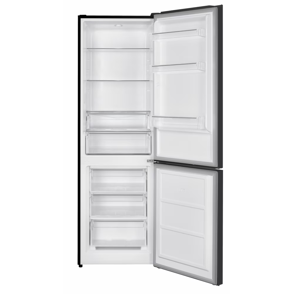 An open, empty refrigerator with a bottom freezer, clear shelves, and door bins.