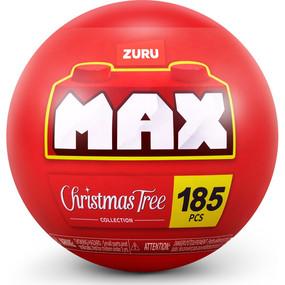 Rote Kugel mit ZURU MAX Branding, 'Christmas Tree Collection' Schriftzug und '185 PCS' Angabe.