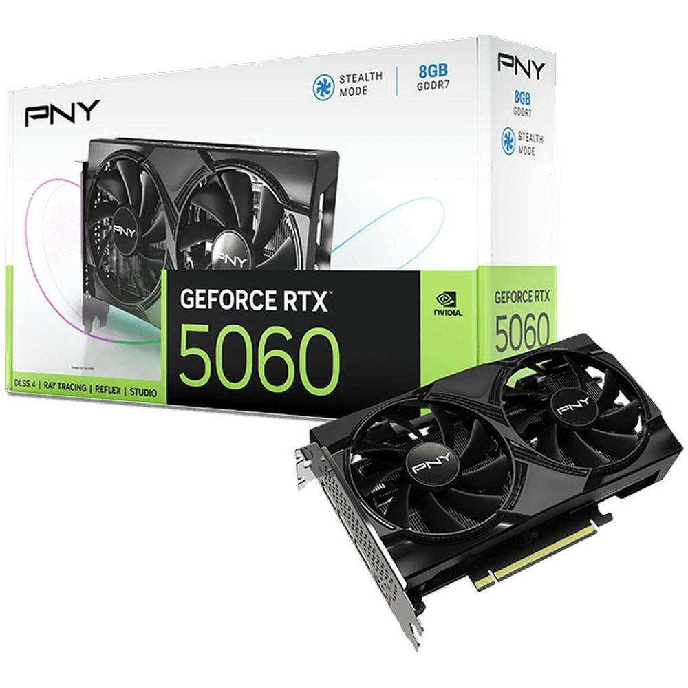 PNY GeForce RTX 5060 Grafikkarte mit zwei Lüftern vor ihrer Produktverpackung.