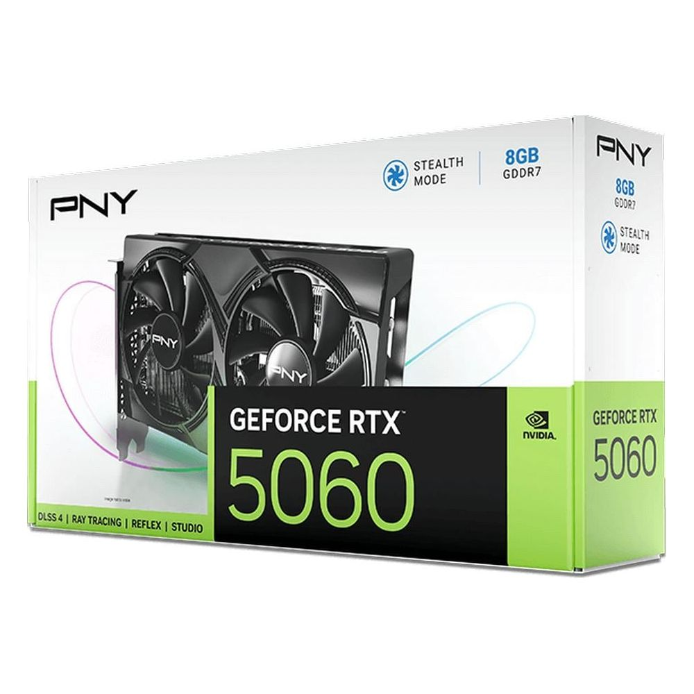 PNY GeForce RTX 5060 8GB Grafikkarte in Originalverpackung mit zwei Lüftern.