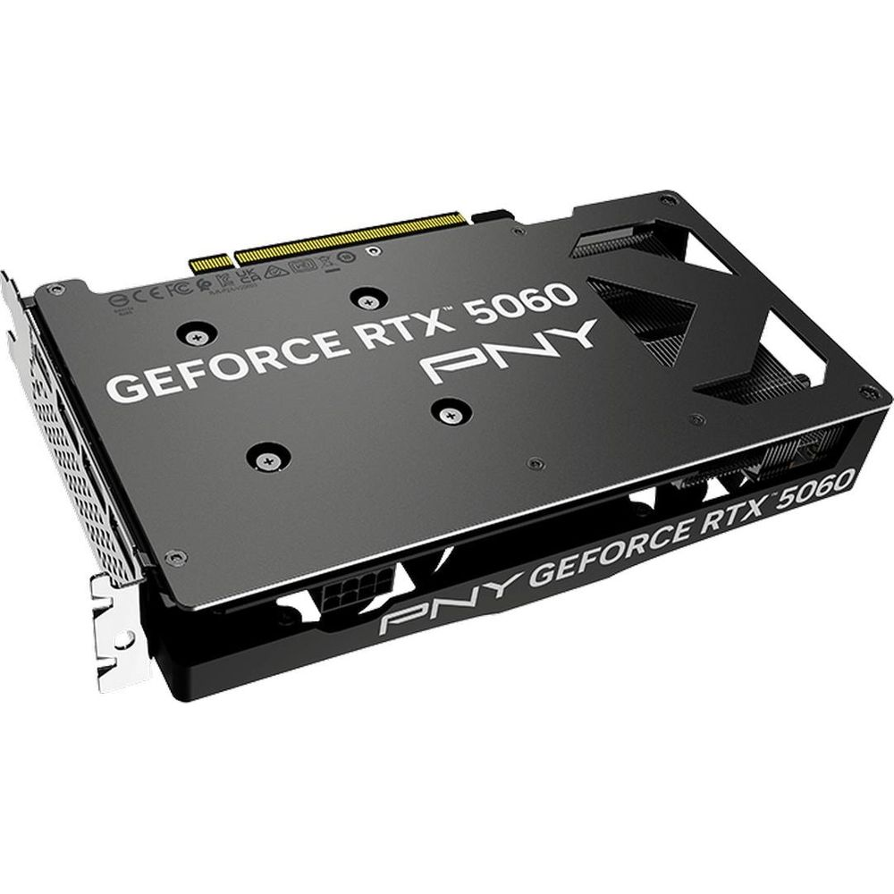 Schwarze PNY GeForce RTX 5060 Grafikkarte mit weißem Logo auf der Backplate.