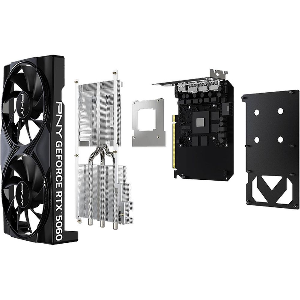 Explosionszeichnung einer PNY GeForce RTX Grafikkarte mit Kühlrippen, Platine, Lüftern und Backplate.