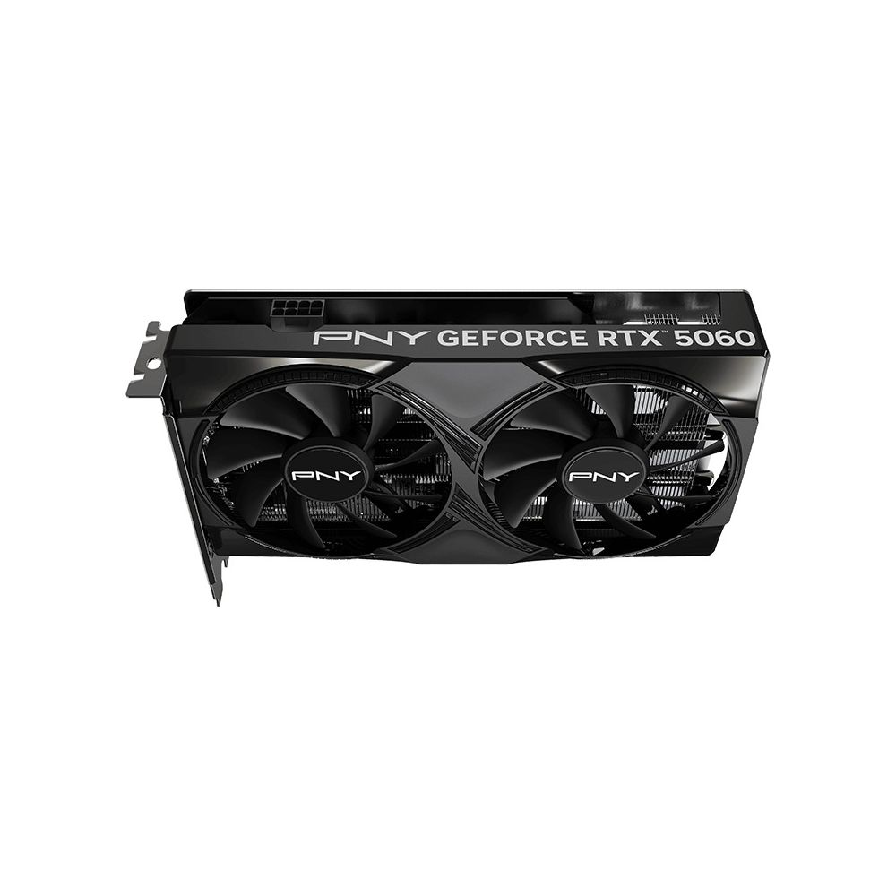 Czarna karta graficzna PNY GeForce RTX 5060 z dwoma wentylatorami na białym tle.