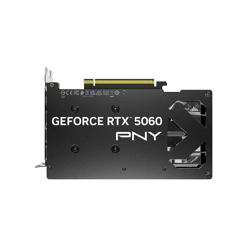 Czarna karta graficzna PNY GeForce RTX 5060 z backplate'em, białym napisem i widocznym wentylatorem.