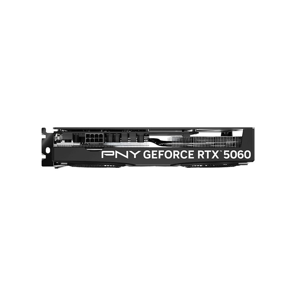 Widok z boku czarnej karty graficznej PNY GeForce RTX 5060 na białym tle.