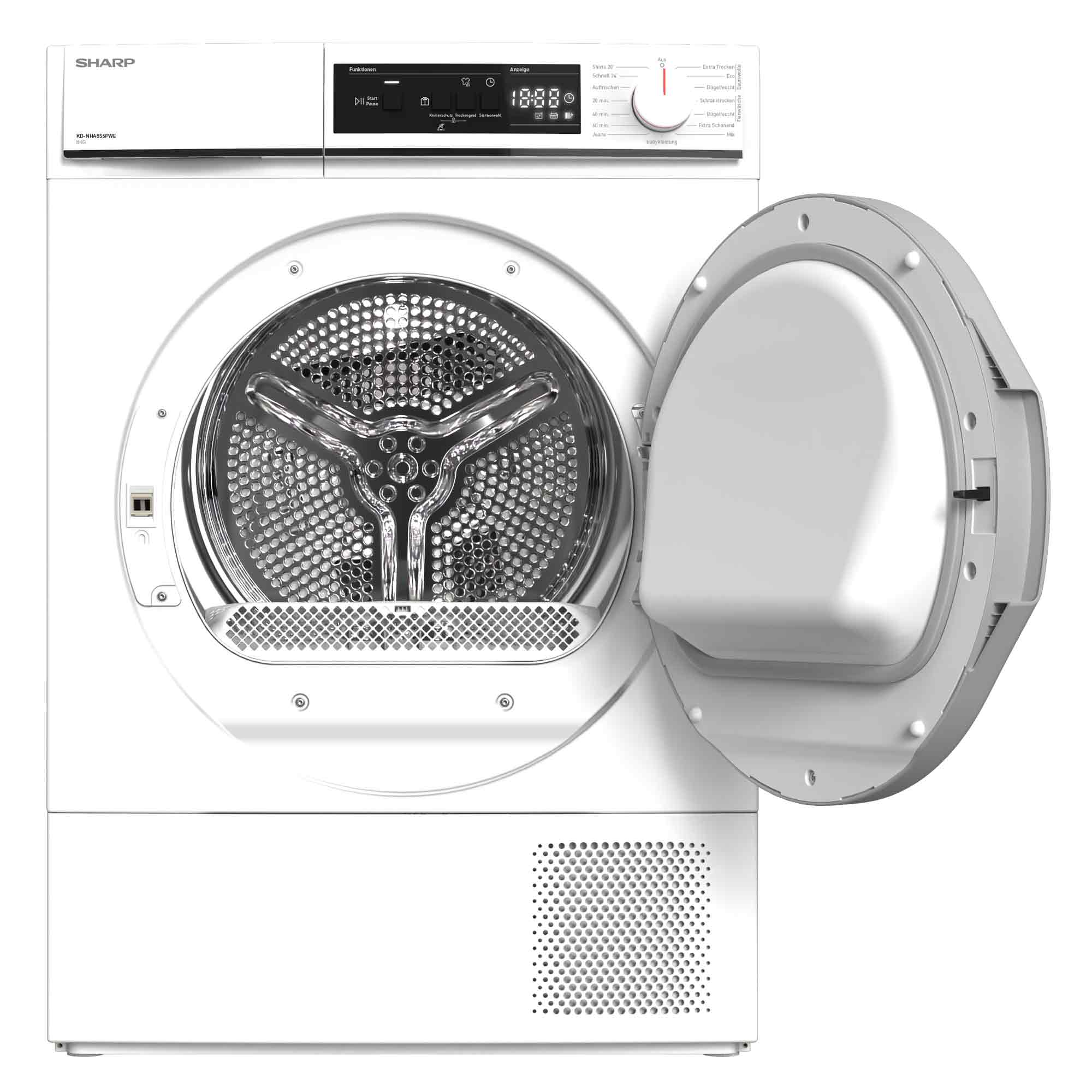 Ein weißer Sharp-Wäschetrockner mit offener Trommel, digitalem Display und Drehknopf auf weißem Hintergrund.