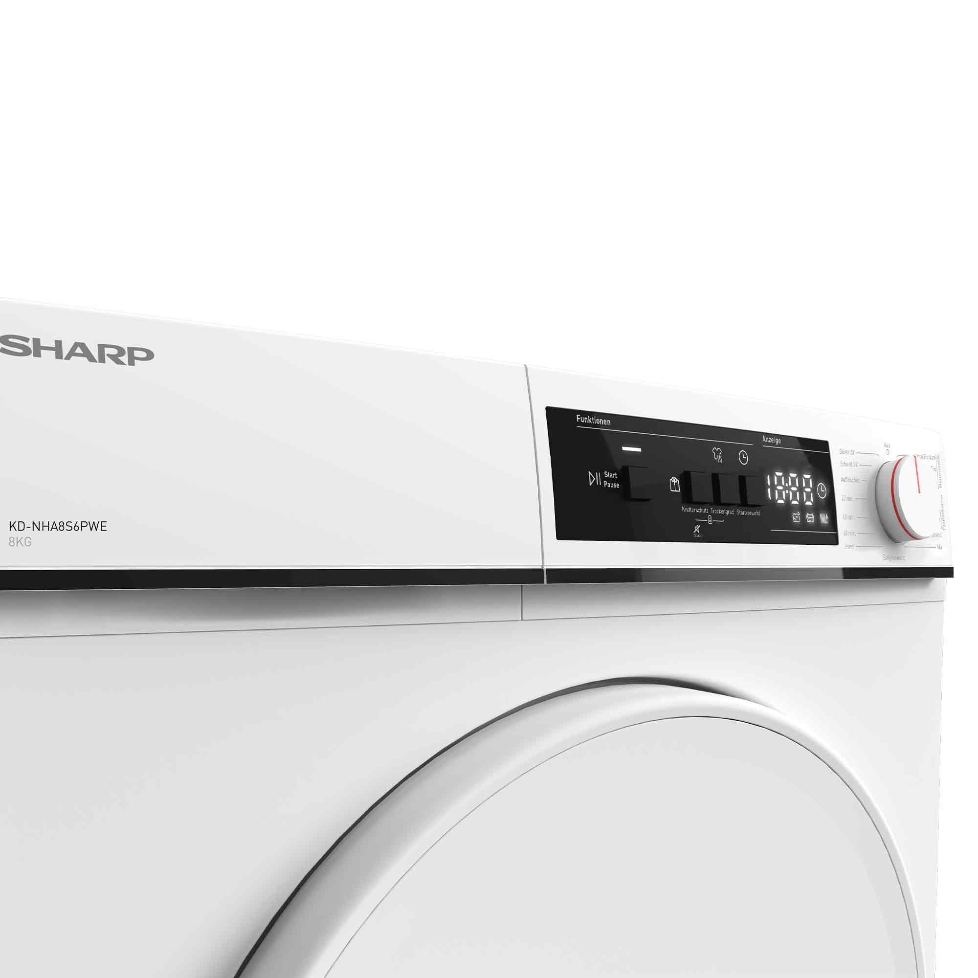 Bedienfeld einer weißen Sharp KD-NHA8S6PWE Waschmaschine mit digitalem Display und Drehknopf auf weißem Hintergrund.