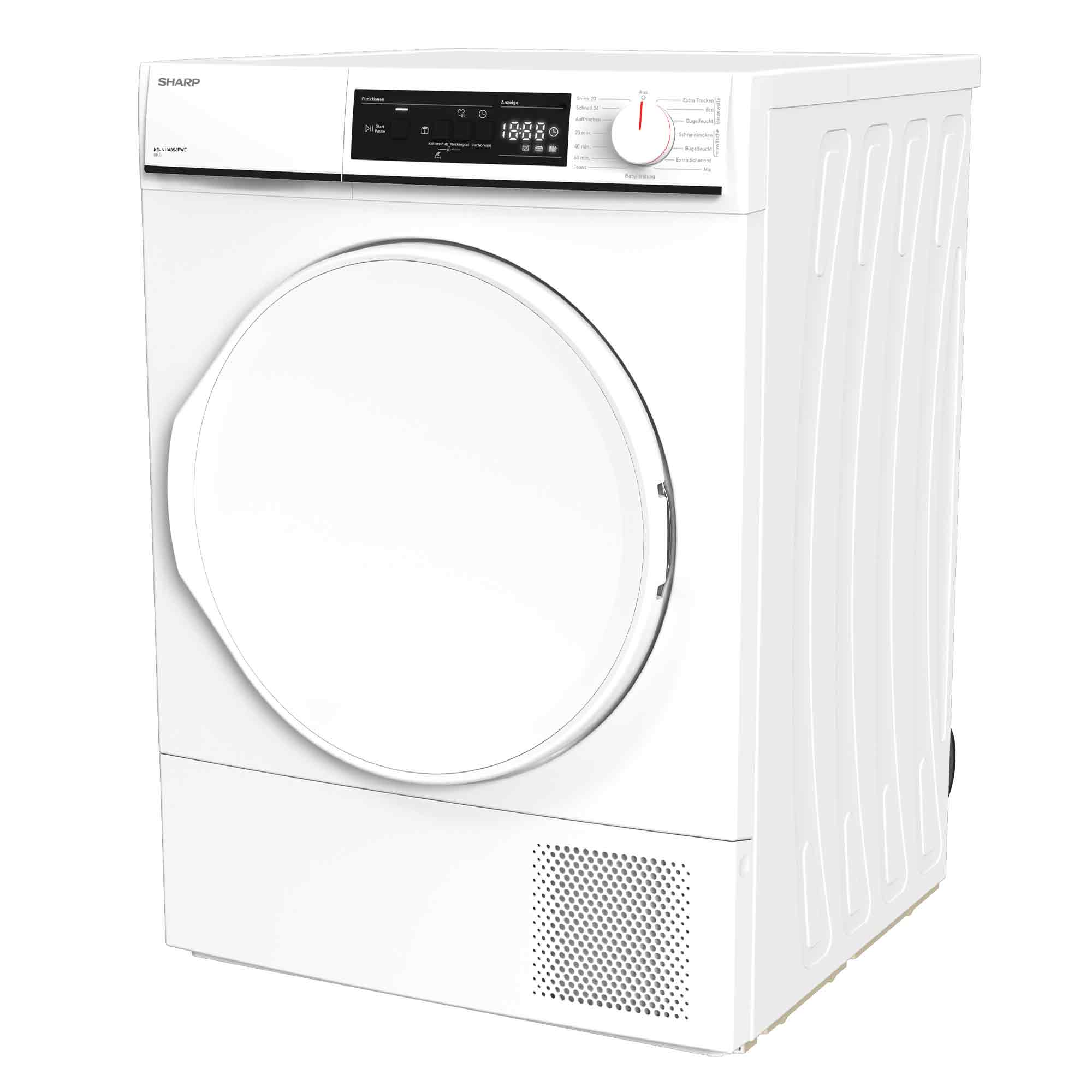 Ein weißer Sharp-Wäschetrockner mit digitalem Display und Drehschalter auf einer weißen Hintergrundfläche.