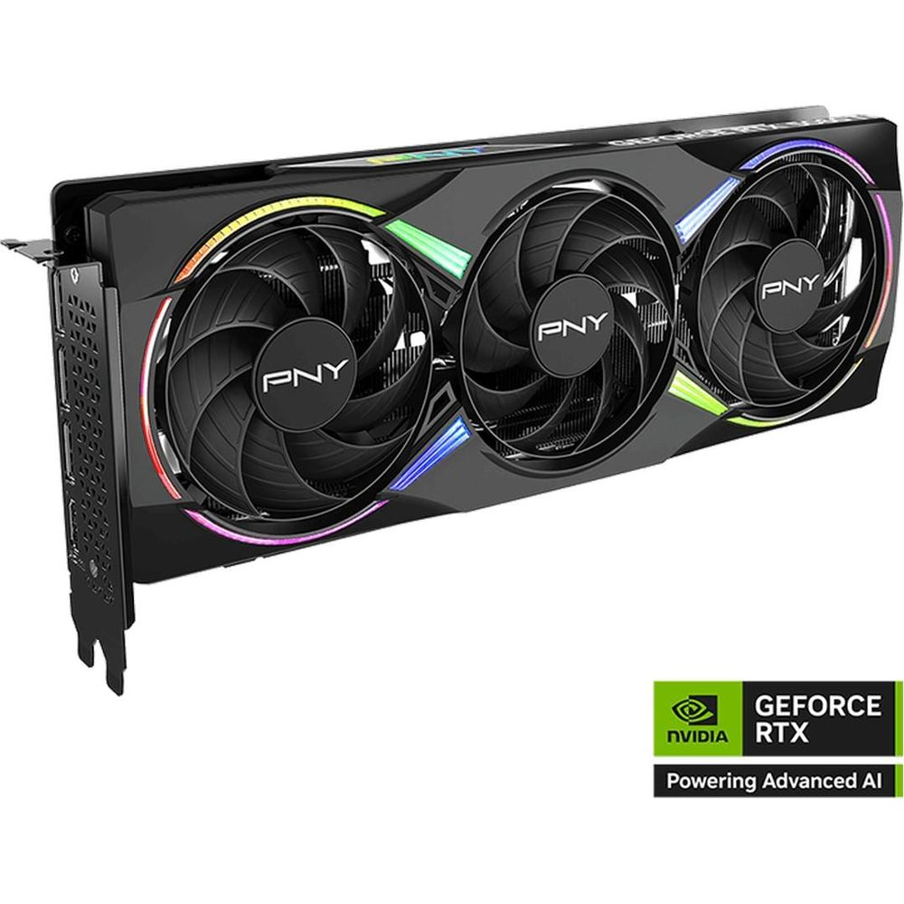 Czarna karta graficzna PNY GeForce RTX z trzema wentylatorami i oświetleniem RGB na białym tle.