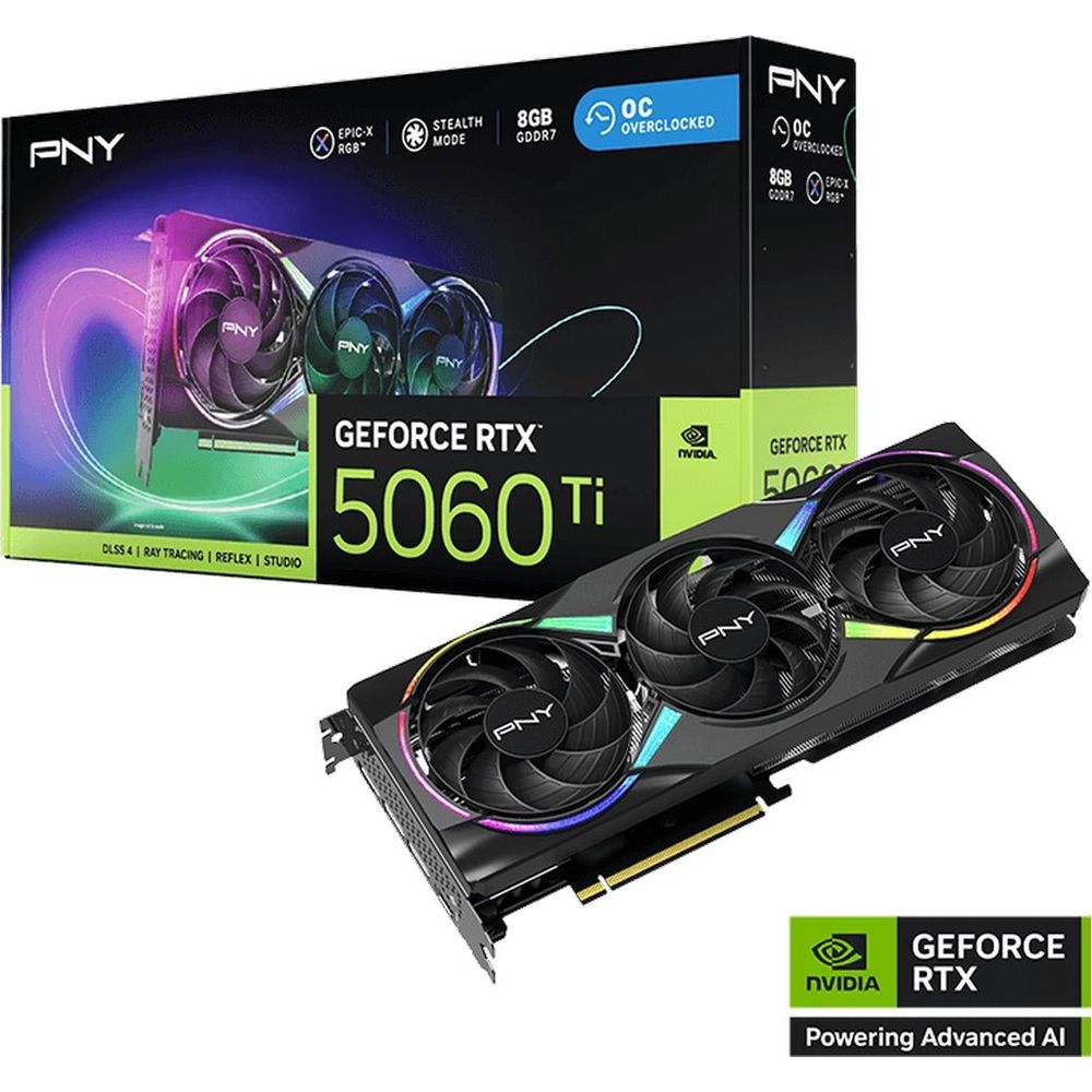 Karta graficzna PNY GeForce RTX 5060 Ti przed pudełkiem, z trzema wentylatorami i kolorowym podświetleniem RGB.