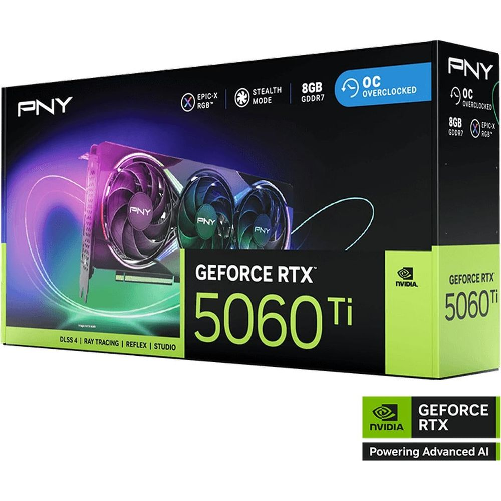 Opakowanie karty graficznej PNY GeForce RTX 5060 Ti z trzema wentylatorami i zielonym designem.