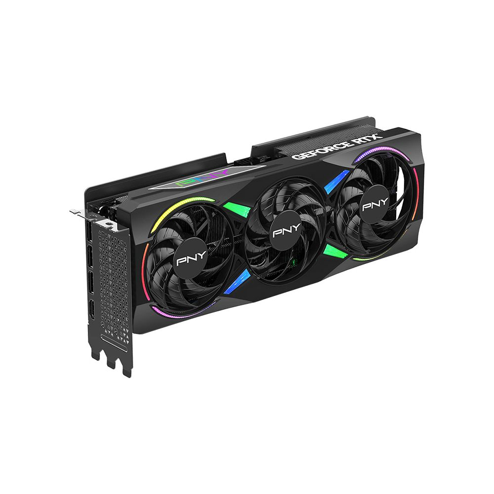 Schwarze PNY GeForce RTX Grafikkarte mit drei Lüftern und RGB-Beleuchtung.