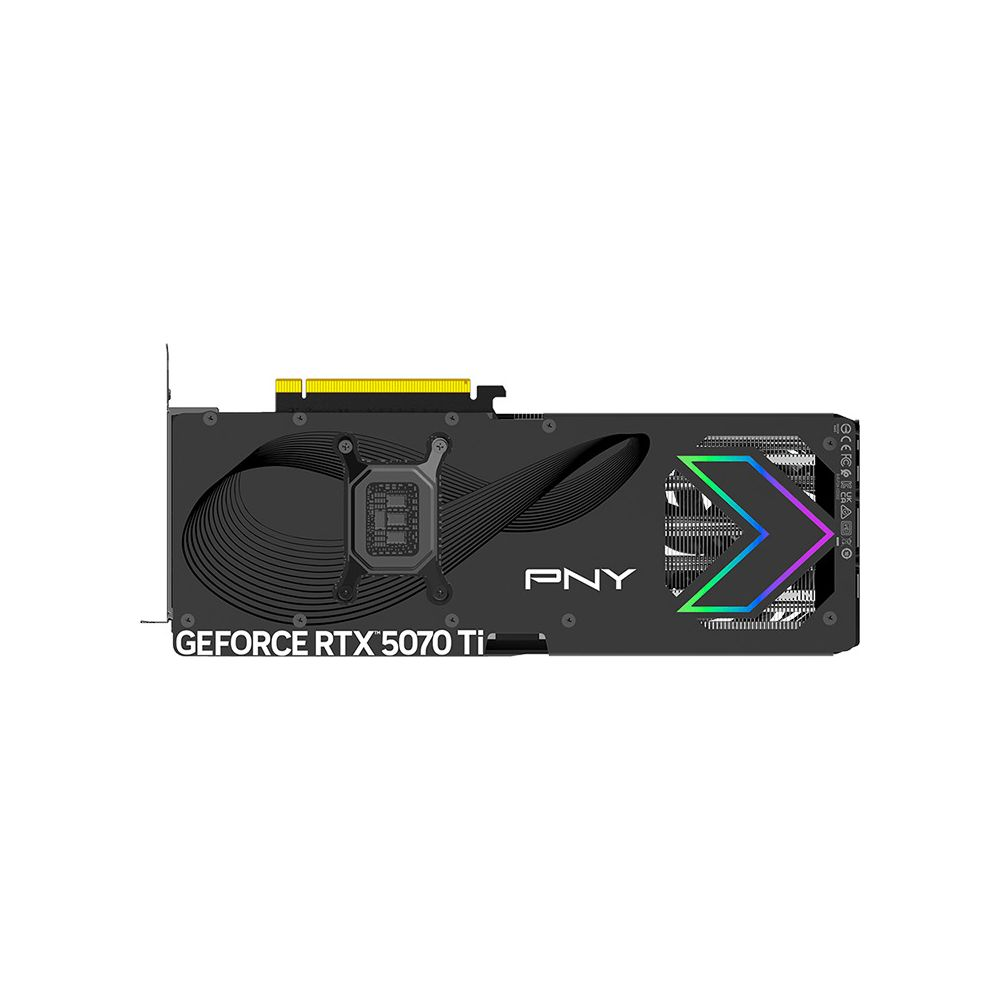 PNY GeForce RTX 5070 Ti Grafikkarte, schwarz mit bunten Akzenten.