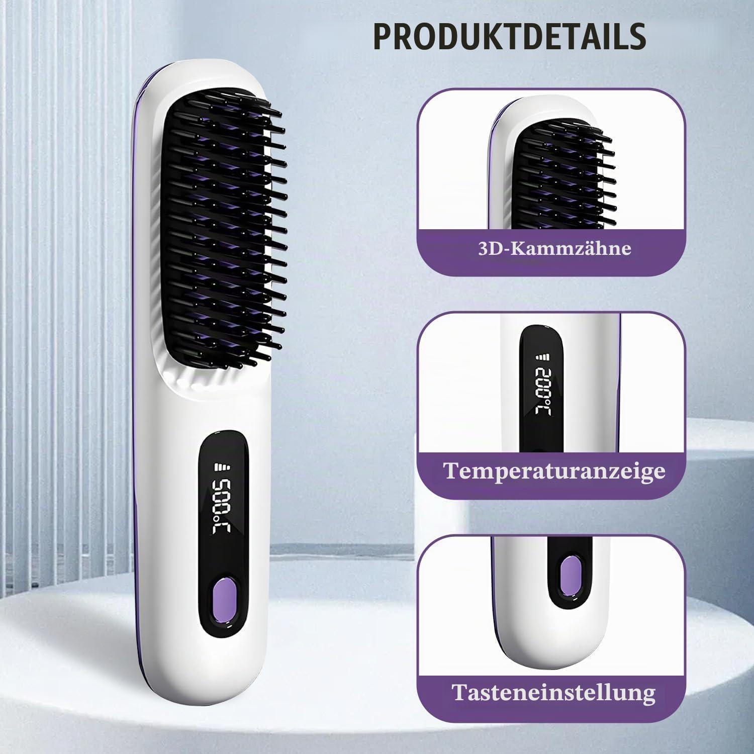 Spazzola per capelli lisci bianca con denti neri, display della temperatura e tasti.