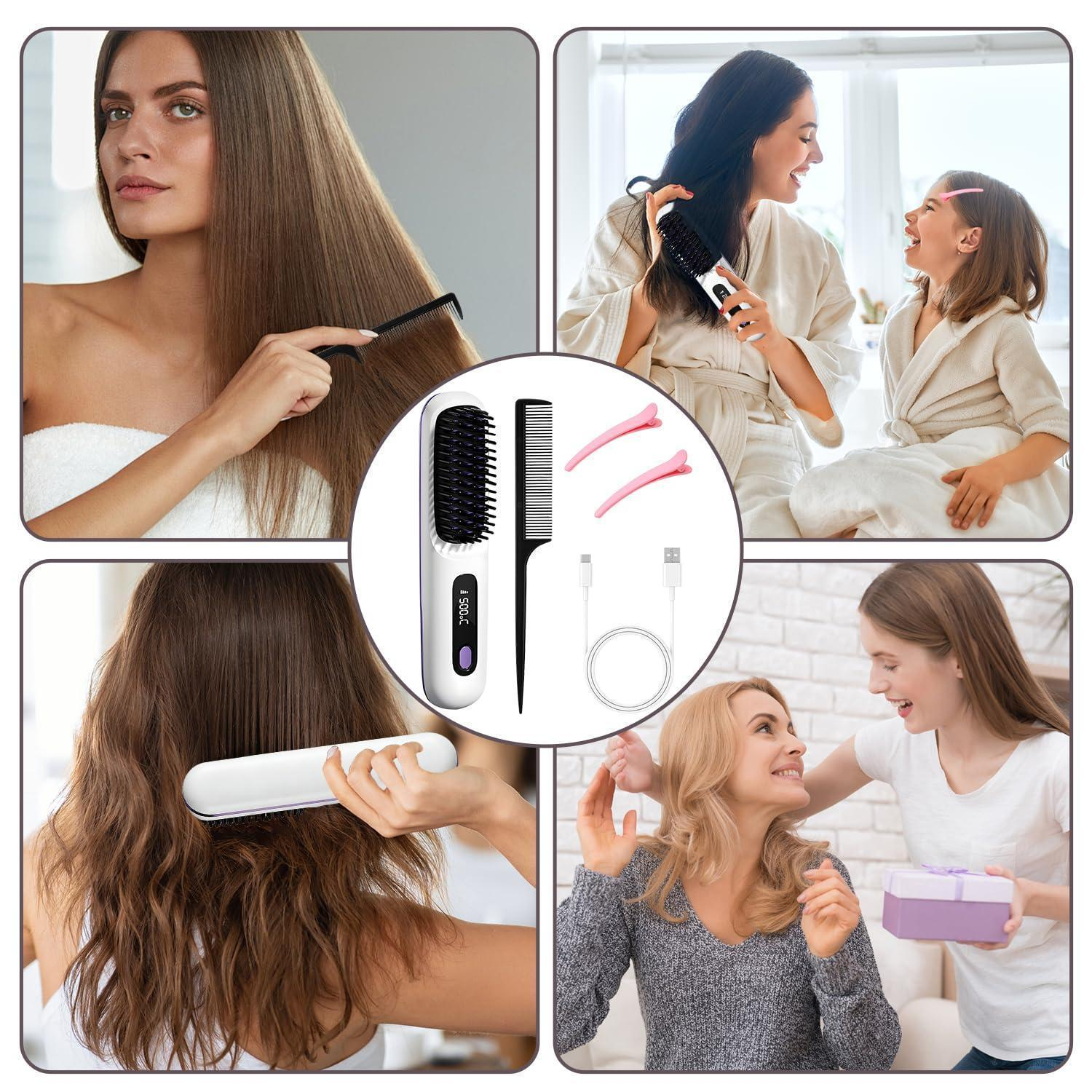 Collage che mostra donne e ragazze con capelli lisci e mossi, una spazzola per lisciare, mollette e un cavo.