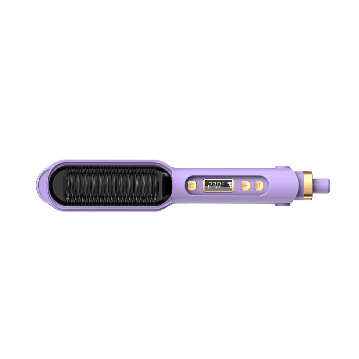 Ein lilafarbener Haarglätter mit digitalem Display zeigt 230 Grad an.