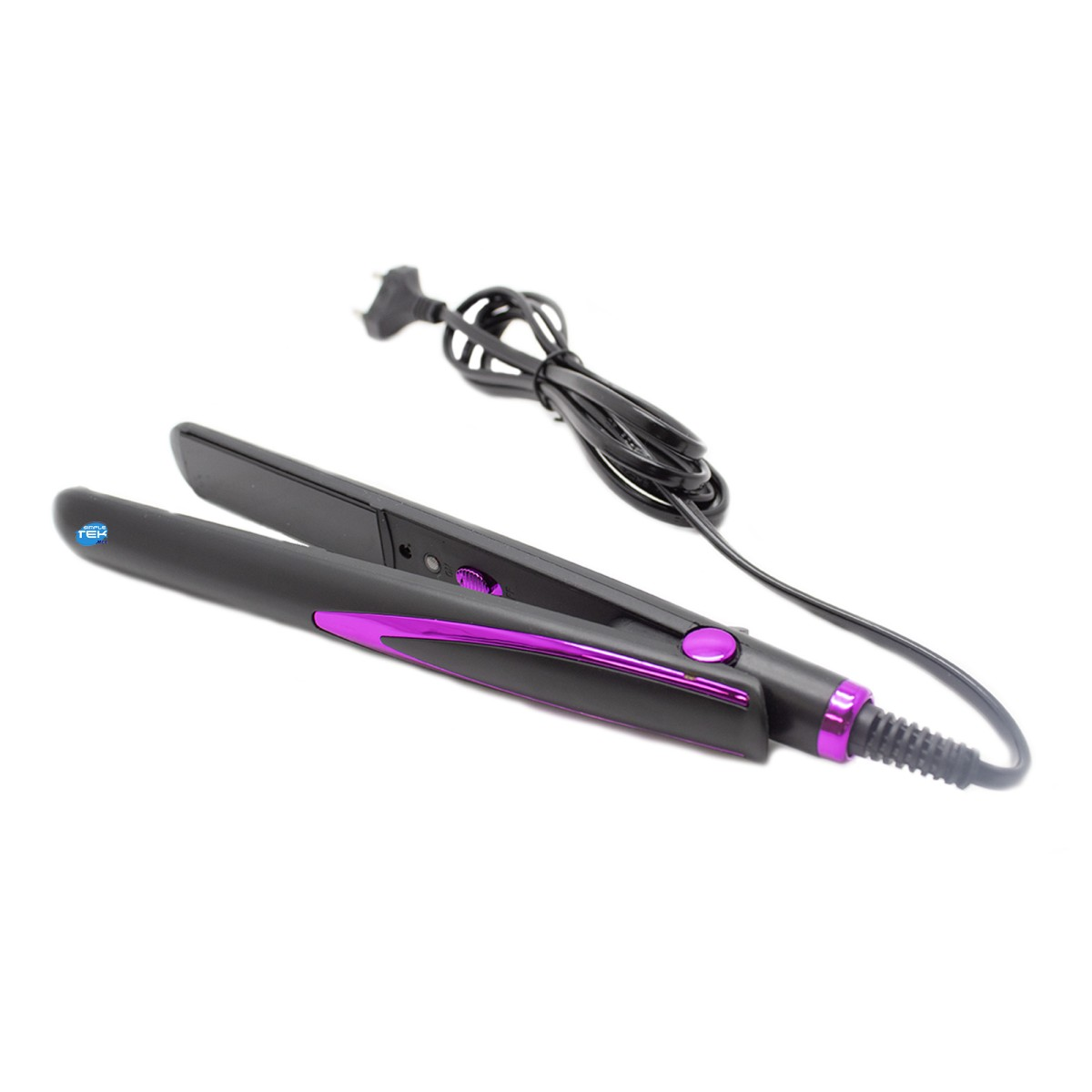 Piastra per capelli nera con dettagli viola brillante e cavo di alimentazione arrotolato su sfondo bianco.