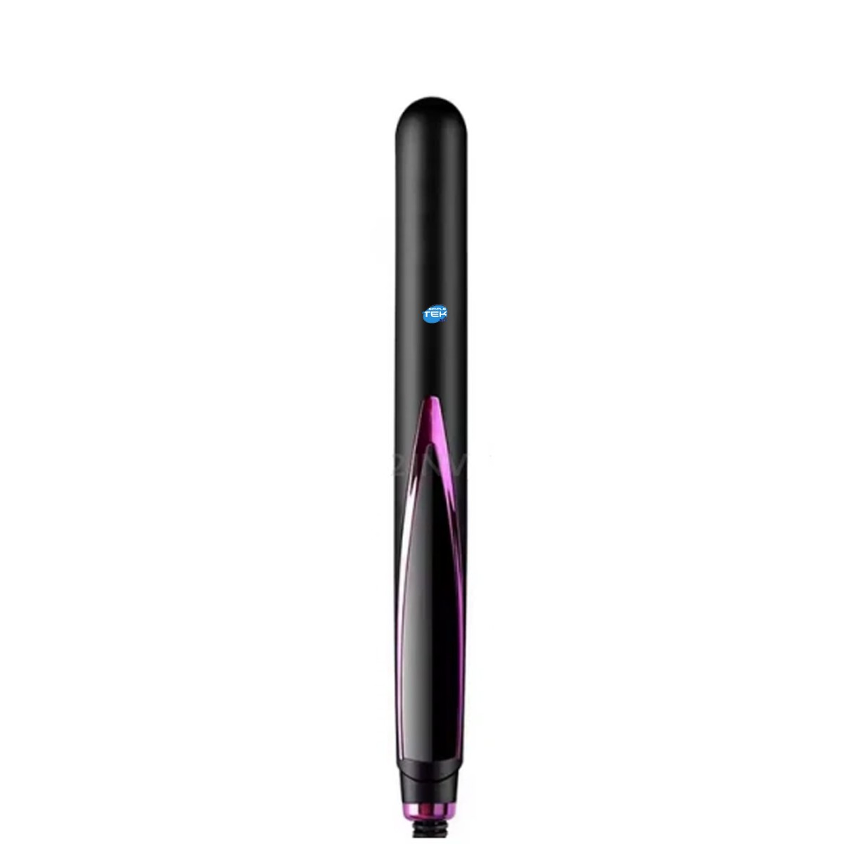 Una piastra per capelli nera ed elegante con dettagli viola e un logo blu su sfondo bianco.