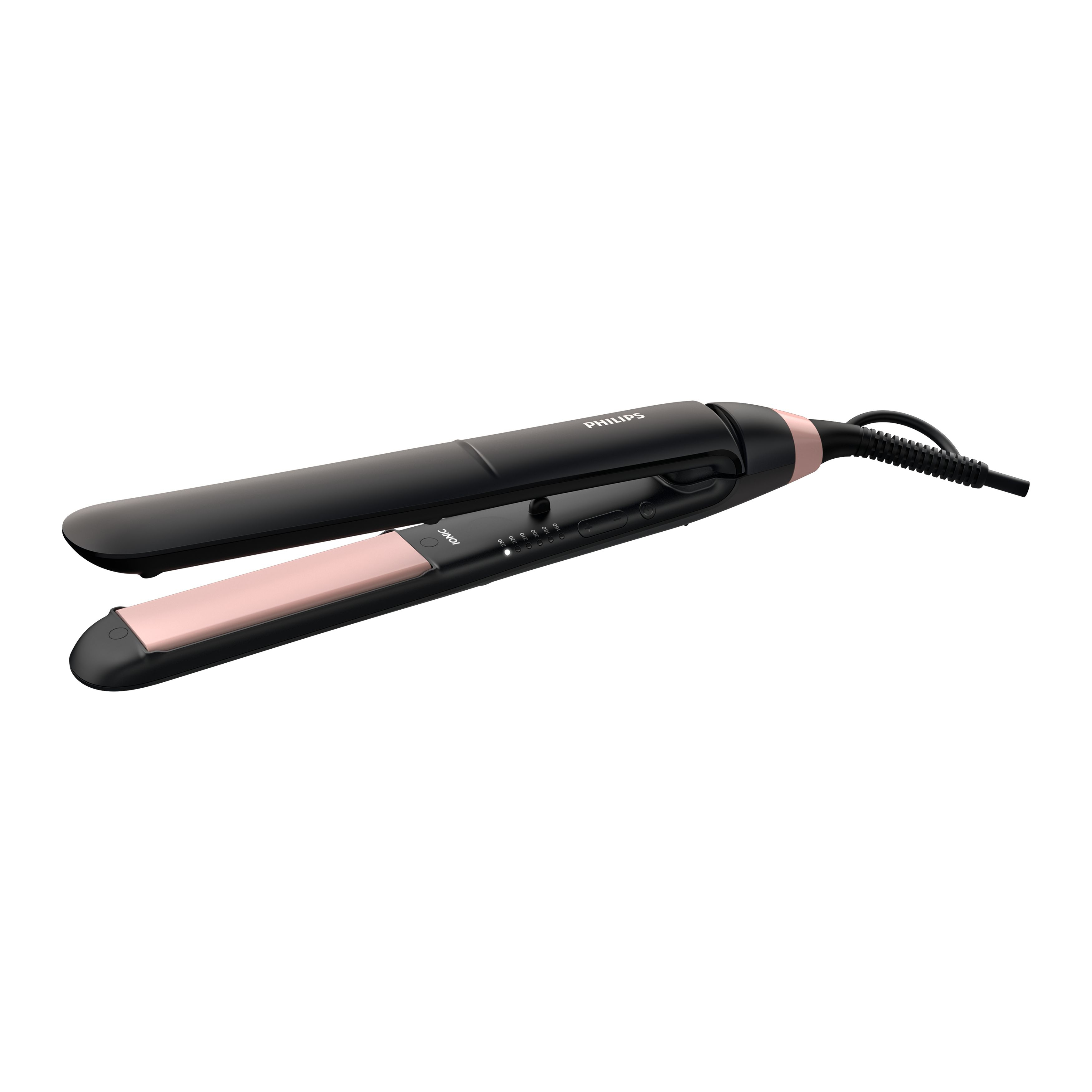 Una piastra per capelli Philips nera con dettagli in oro rosa e display della temperatura su sfondo bianco.
