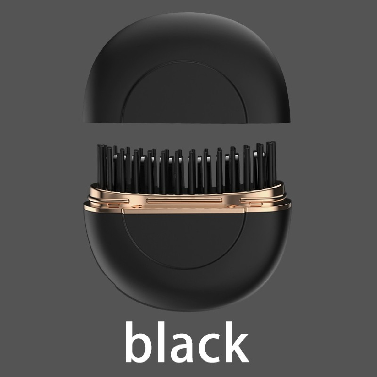 Ein schwarzes eiförmiges Gerät öffnet sich und zeigt schwarze Borsten im Inneren mit einem goldenen Ring. Unten steht black.