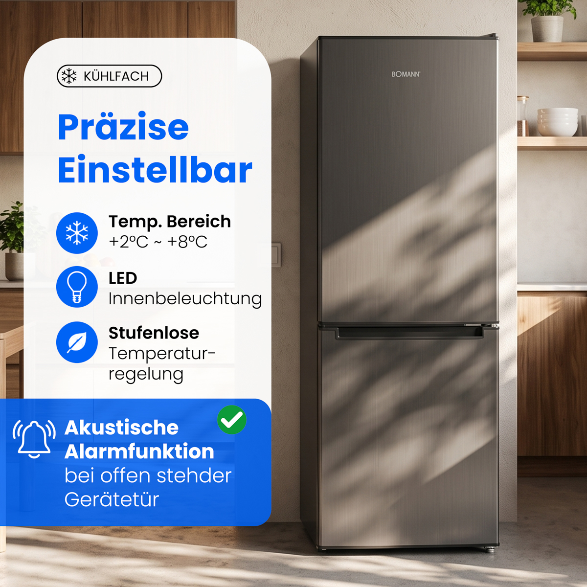 Edelstahl-Kühl-Gefrierkombination in einer modernen Küche mit Werbegrafiken zu den Produktfeatures.
