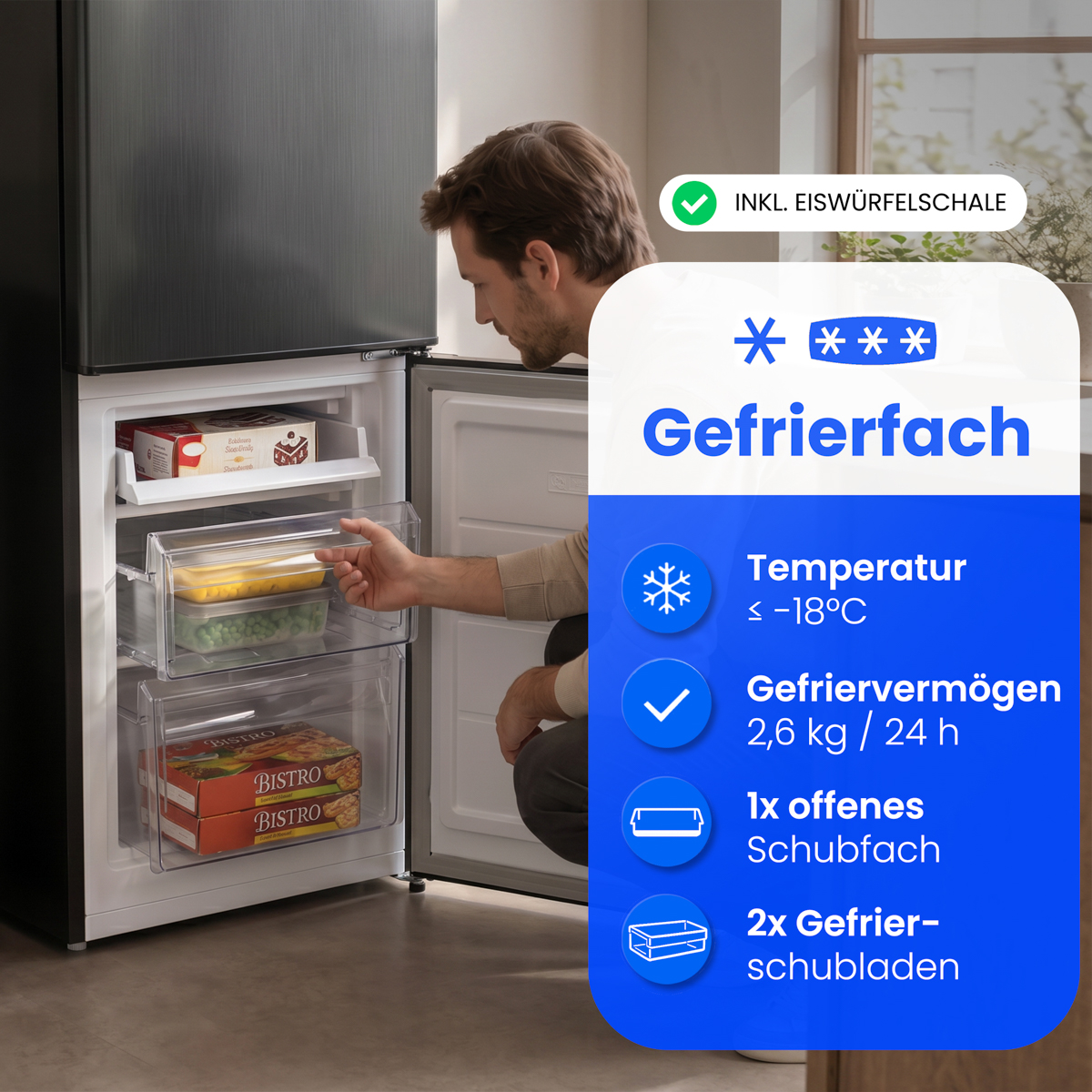 Ein Mann öffnet das Gefrierfach eines modernen Kühlschranks mit übersichtlichen Fächern und Infografik.
