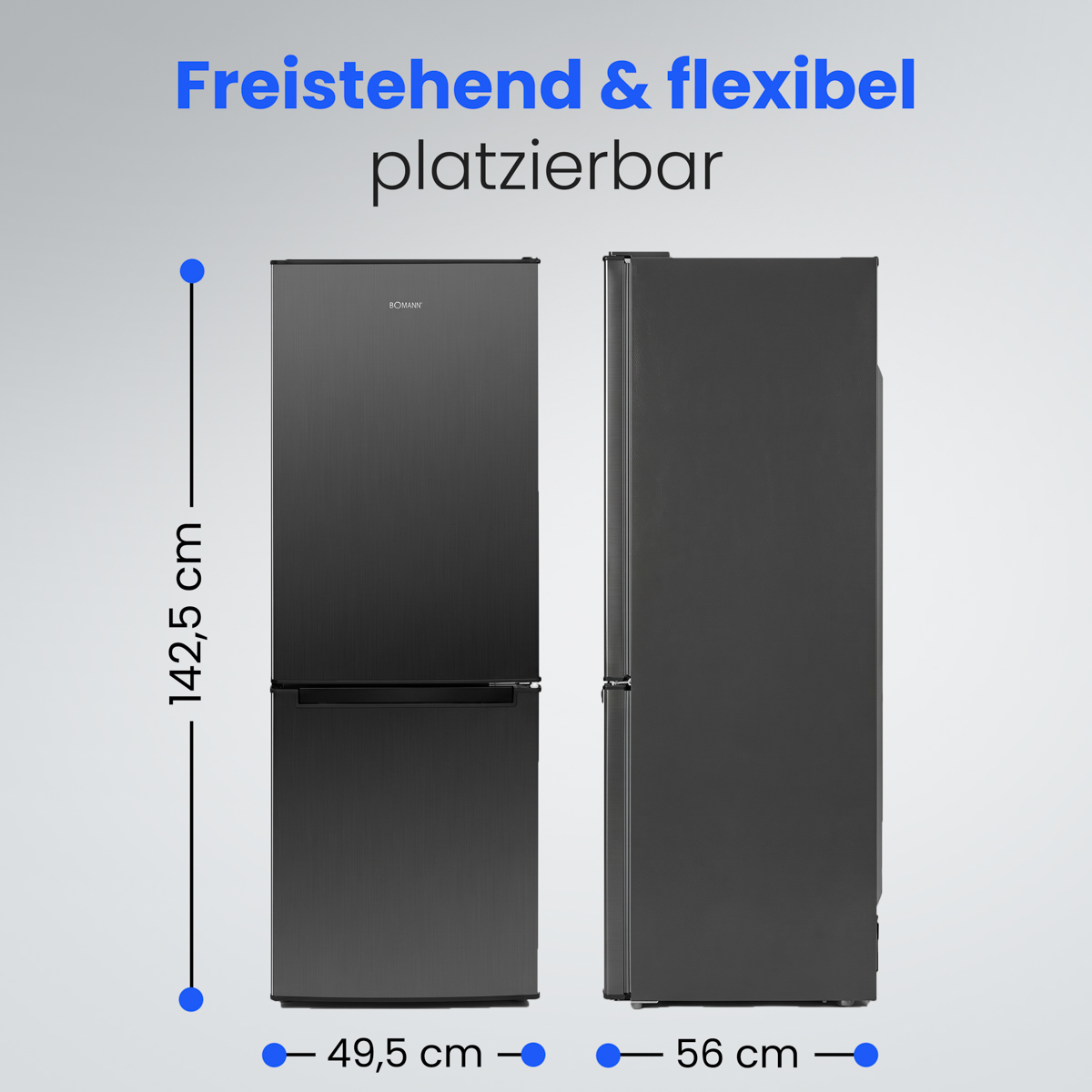 Freistehender schwarzer Bomann-Kühlschrank, Maße: 142,5 cm Höhe, 49,5 cm Breite, 56 cm Tiefe.