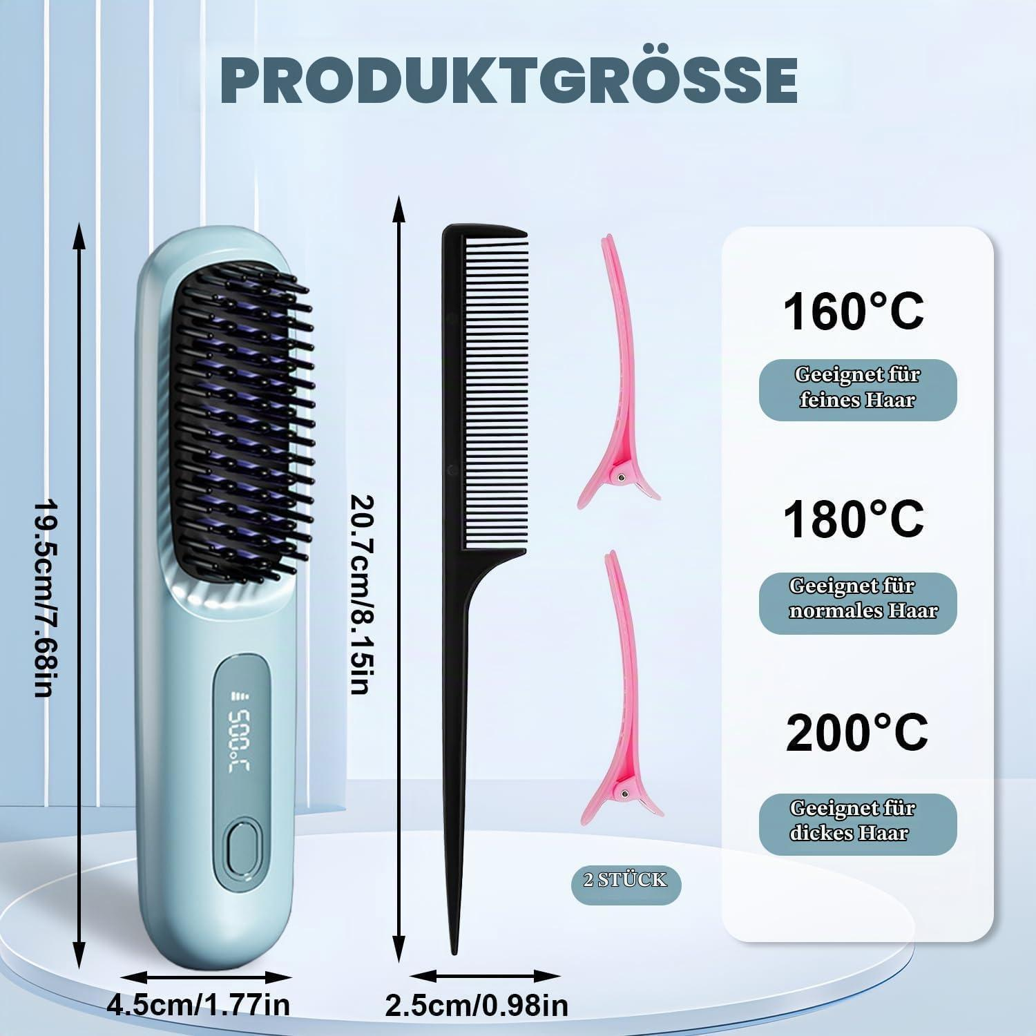 Le dimensioni del prodotto mostrano una spazzola lisciante blu, un pettine e due mollette rosa con guide di temperatura.