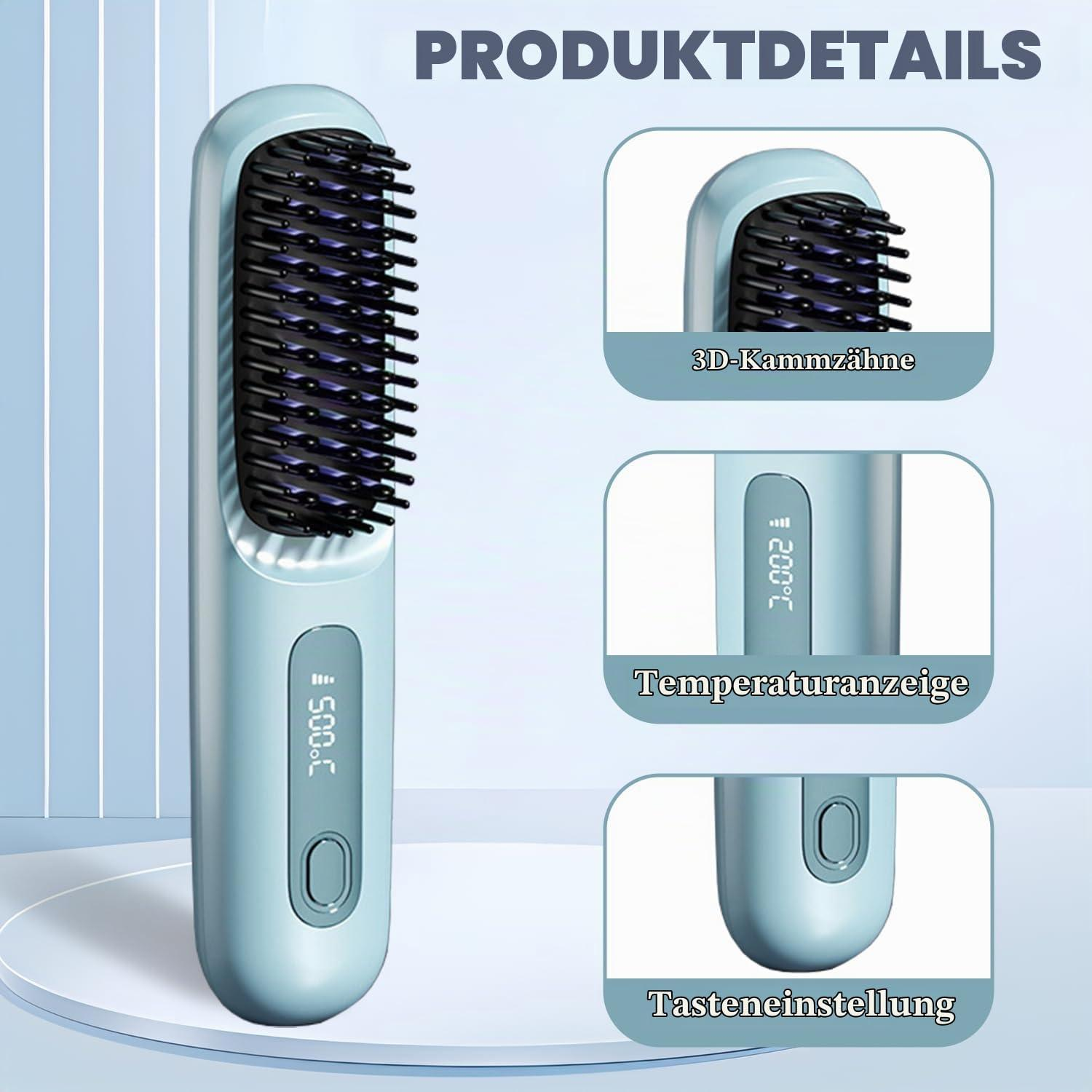 Spazzola per capelli lisci blu con dettagli digitali come denti 3D, display della temperatura e pulsanti.