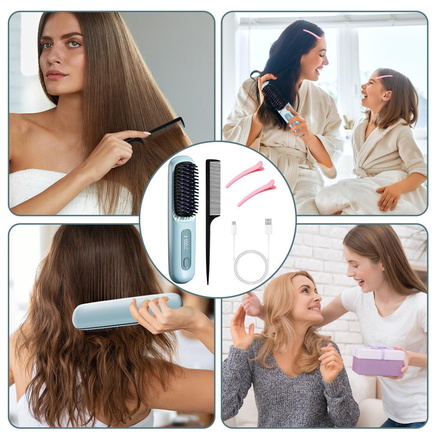 Una spazzola per capelli lisciante con accessori e donne che pettinano i capelli lisci e mossi.