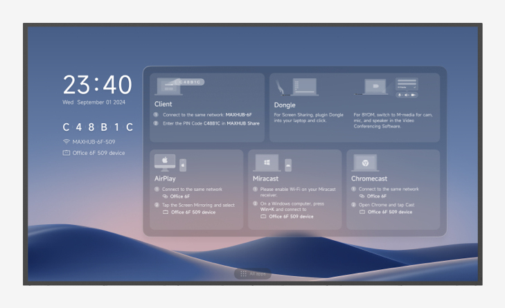 Ekran wyświetla opcje udostępniania, takie jak Client, Dongle, AirPlay, Miracast i Chromecast na niebieskim tle.