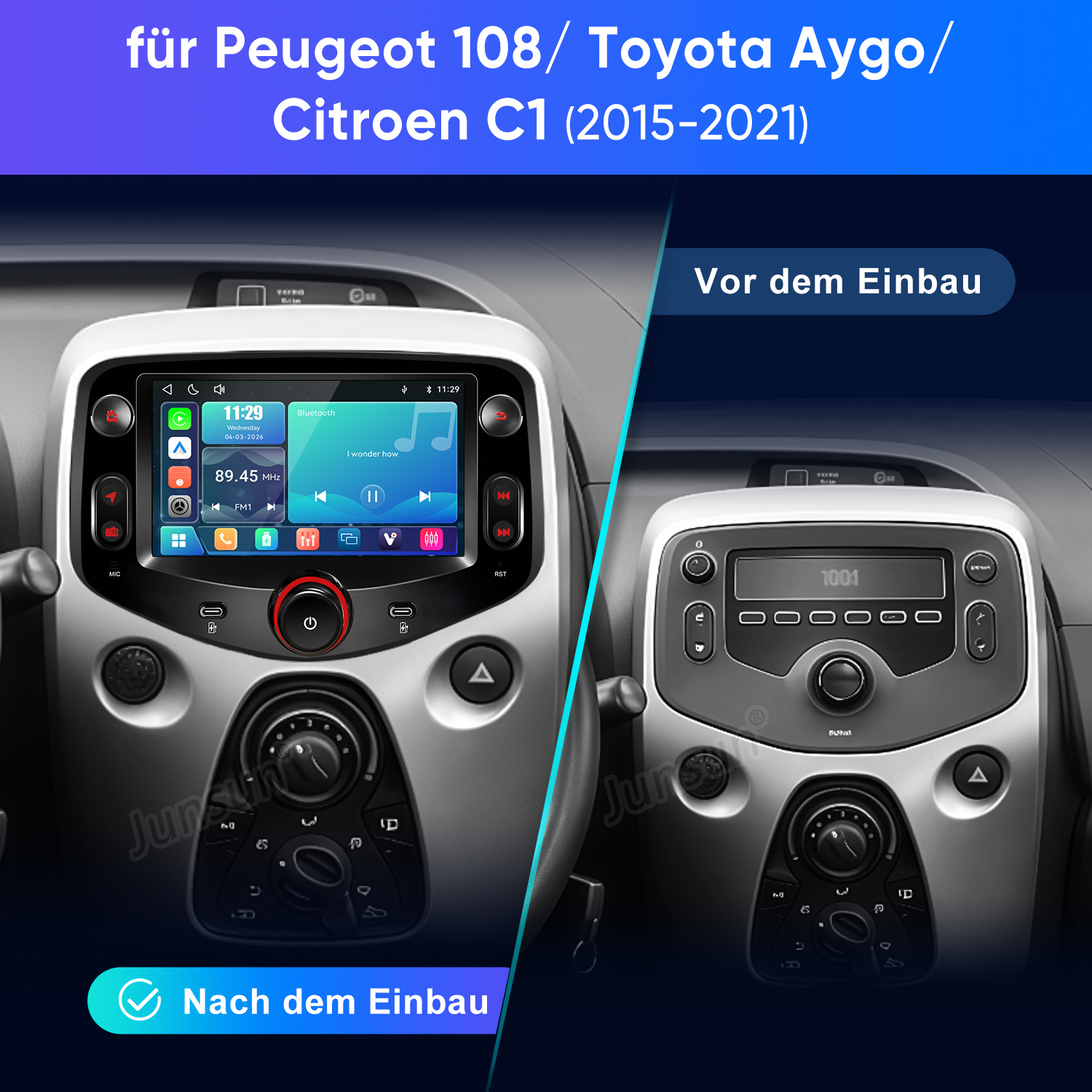Vergleich eines Autoradios vor und nach dem Einbau für Peugeot 108, Toyota Aygo und Citroen C1.