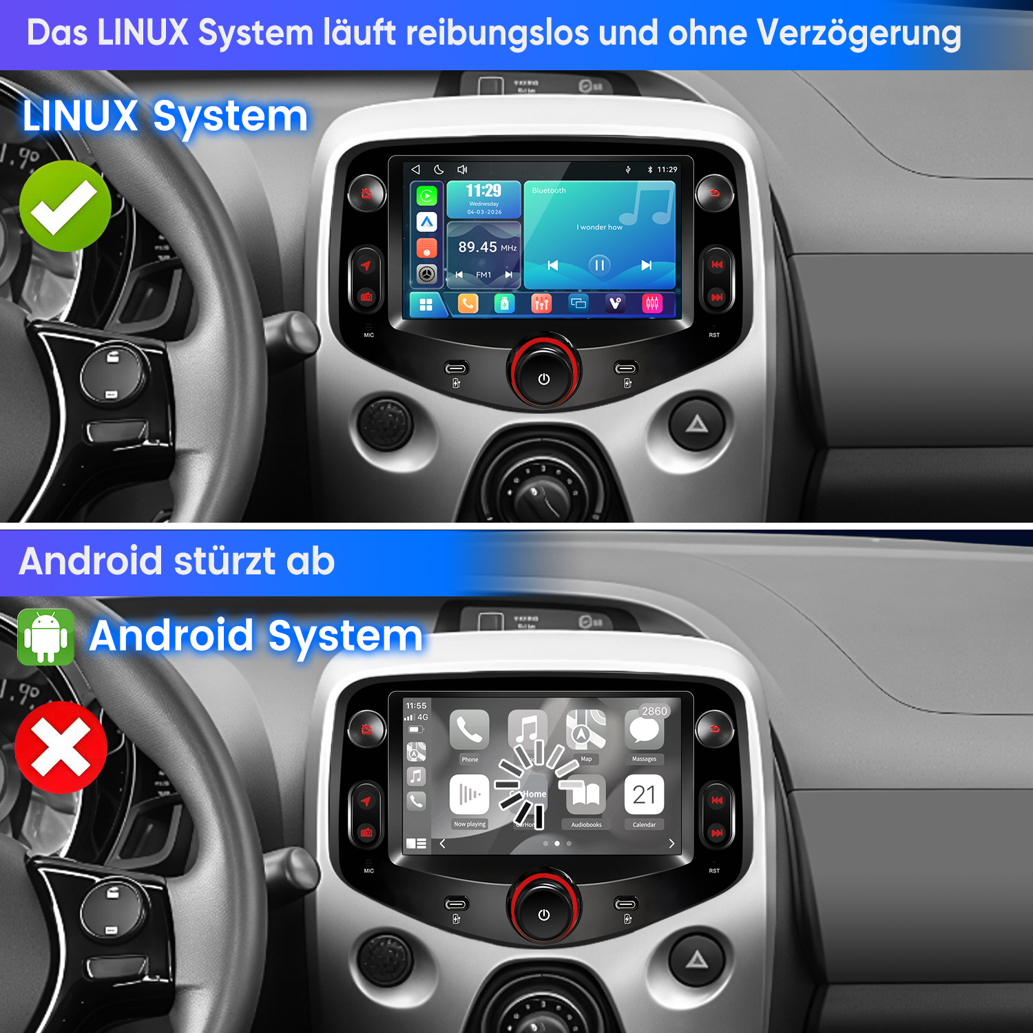 Vergleich zweier Auto-Displays: Linux-System läuft reibungslos, Android-System zeigt einen Ladefehler.