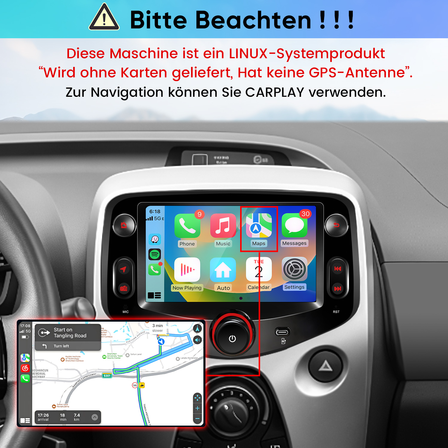 Linux-Autoradio mit CarPlay-Navigation und App-Icons auf dem Display.