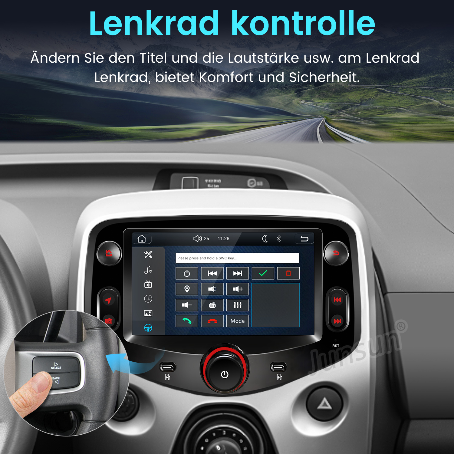 Autocockpit mit Multimedia-Touchscreen und Lenkradtastensteuerung.