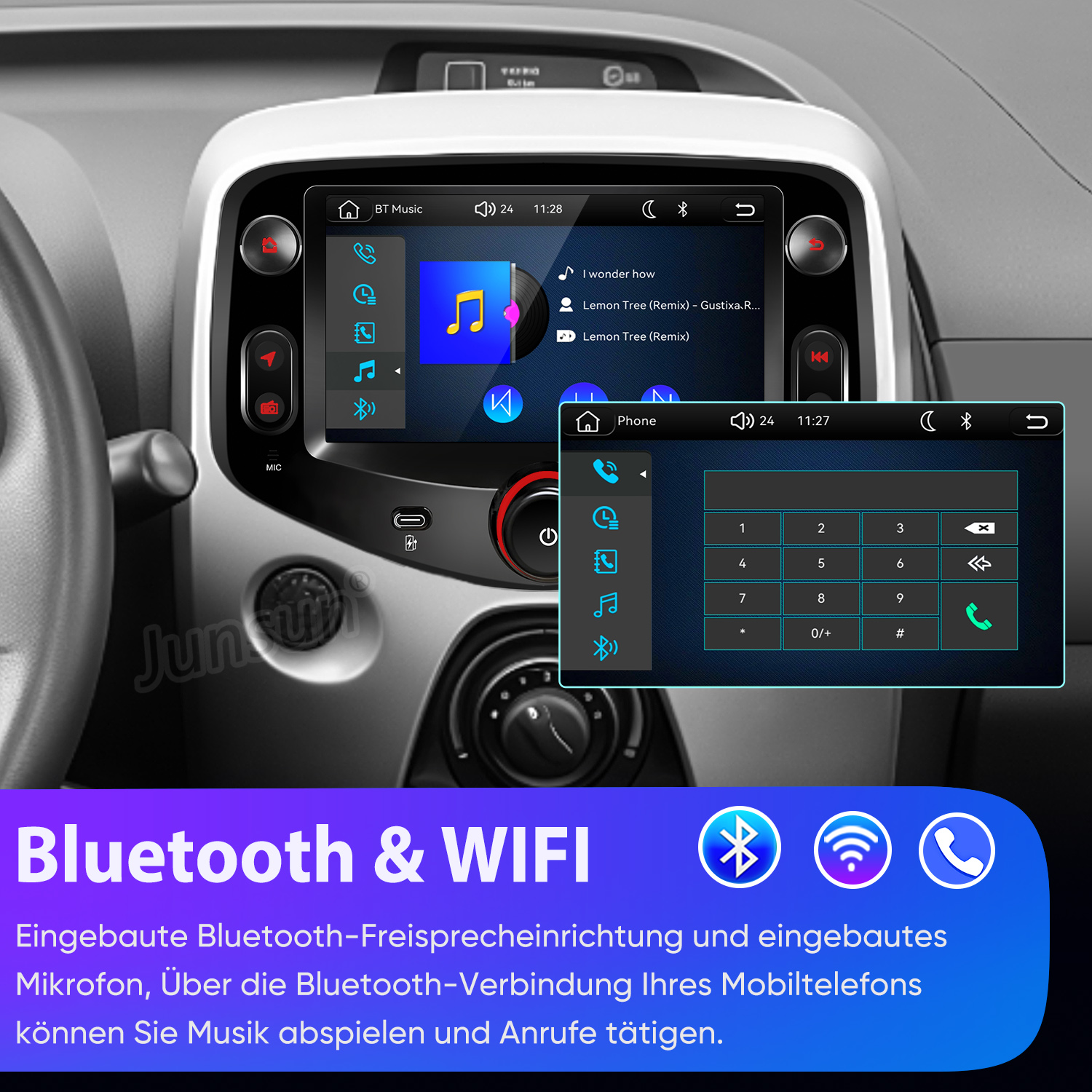 Auto-Infotainment-System mit Bluetooth, WLAN und Touchscreen-Display.