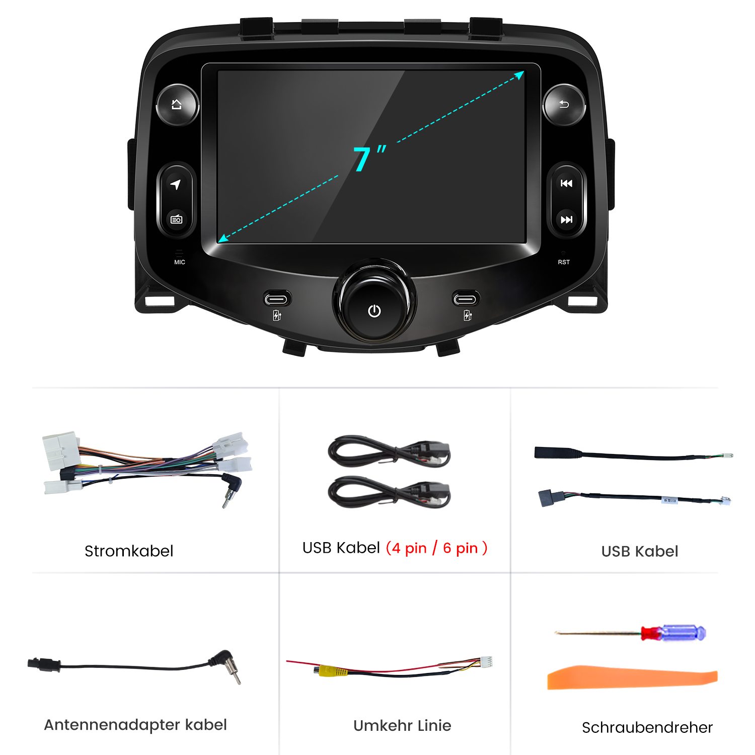 Ein 7-Zoll-Autoradio mit Touchscreen undgeliefertem Zubehör wie Kabel und Werkzeug.