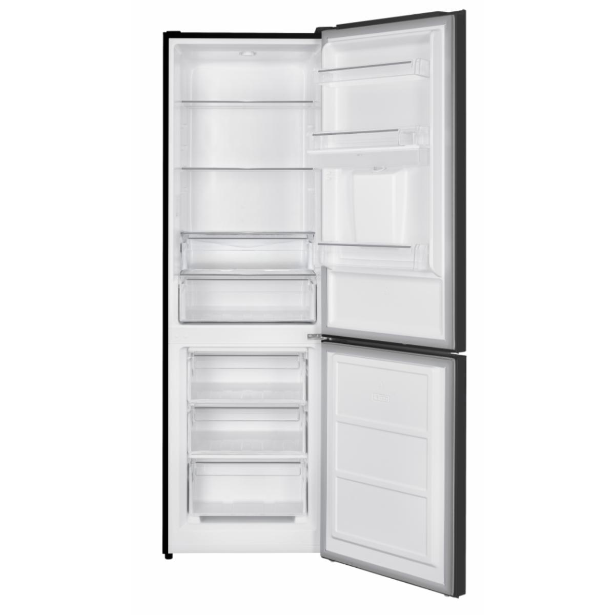 An open black refrigerator with white interior, empty glass shelves, door racks, and bottom freezer drawers.