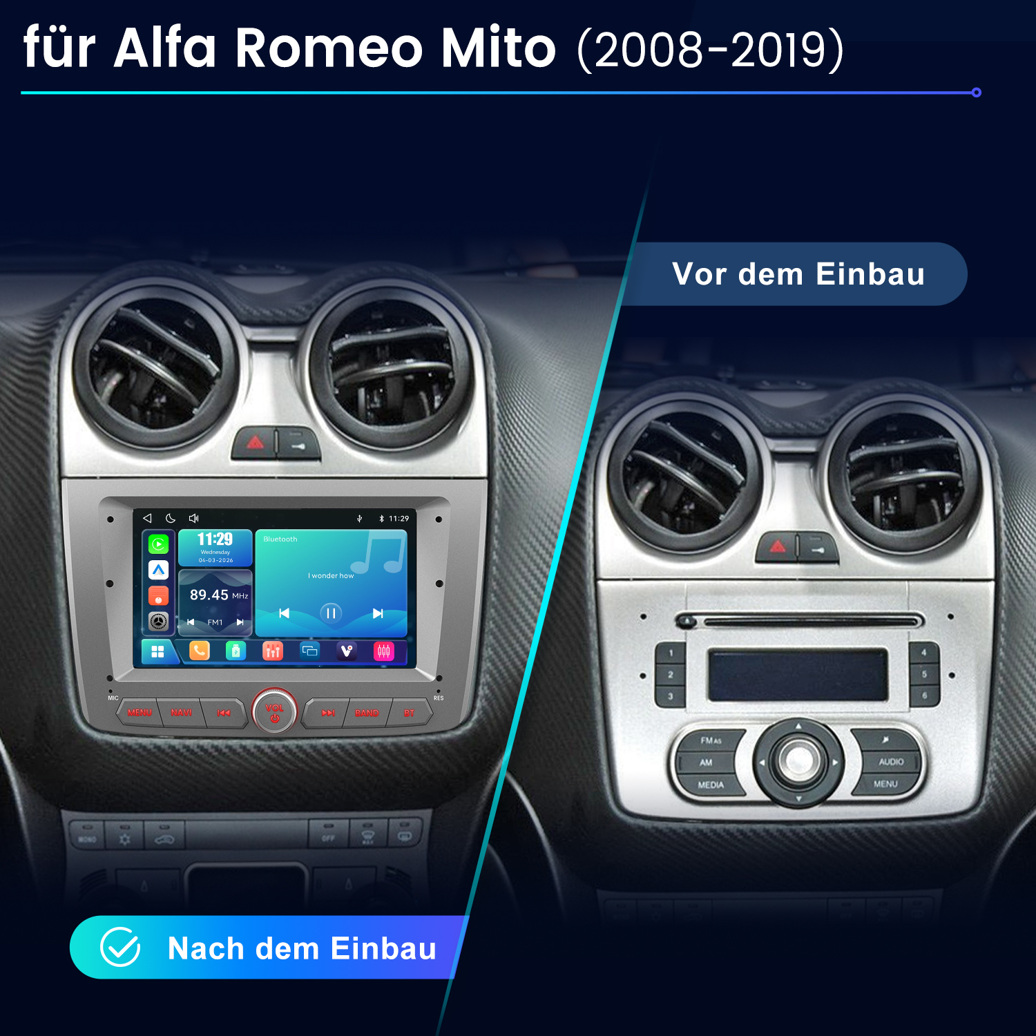 Vergleich eines Alfa Romeo Mito Armaturenbretts vor und nach dem Einbau eines neuen Infotainmentsystems.