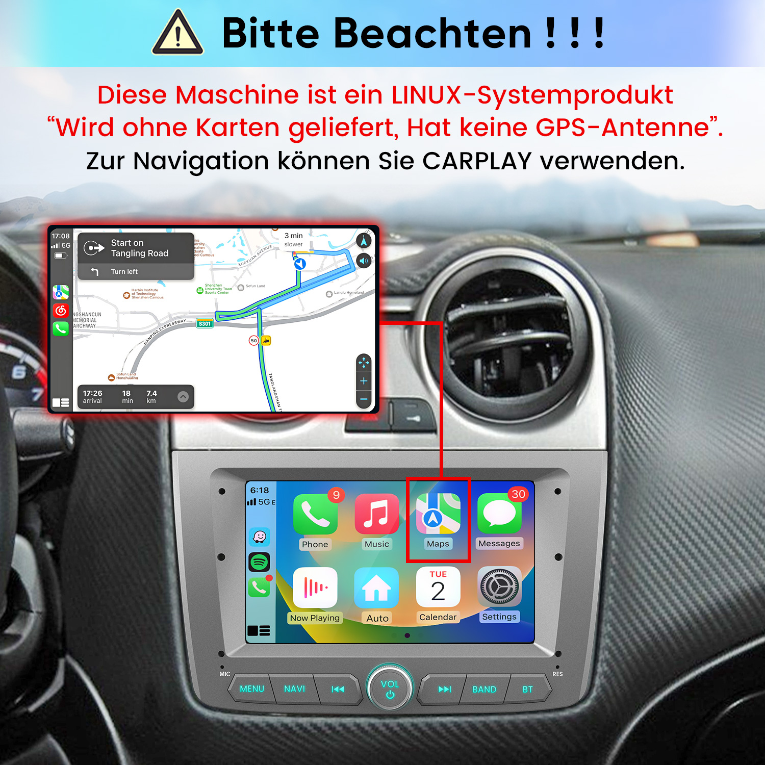 Linux-Autoradio mit CarPlay-Navigation, ohne GPS-Antenne und Karten.