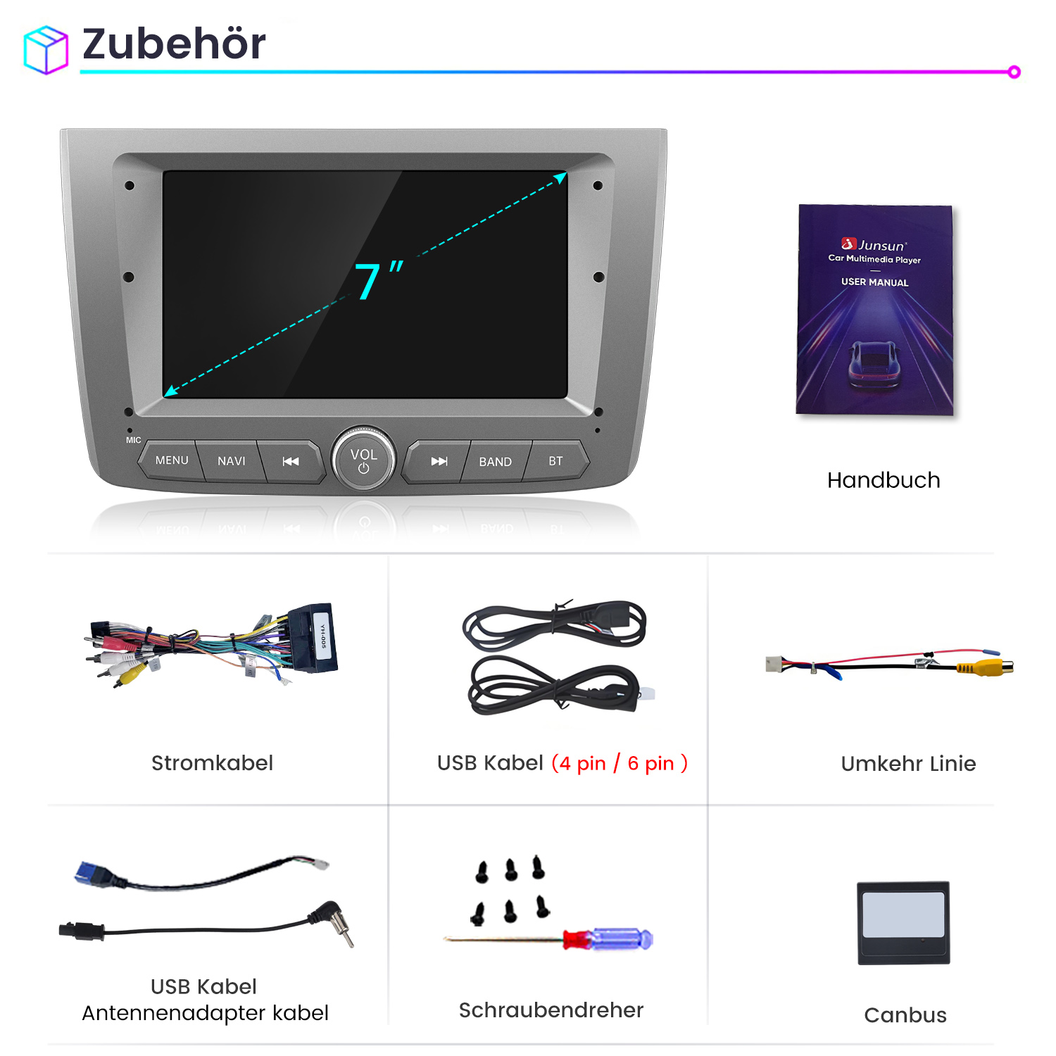 Zubehör für ein 7-Zoll-Auto-Multimedia-Player, einschließlich Kabel, Handbuch, Schraubendreher und Canbus.